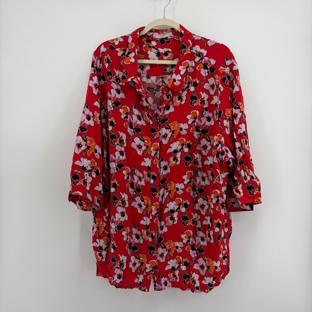 Woman Within Womens 3X Red Floral Rayon Button Down Blouse 3/4 Sleeve Tunic